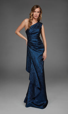 A woman models the “Long Formal Dress: Alyce 27885,” a floor-length, navy, one-shoulder gown with textured detailing, standing against a plain gray background.
