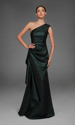 A woman wearing the Alyce 27885 long formal dress, a dark green one-shoulder gown with a draped skirt, stands against a plain gray background.