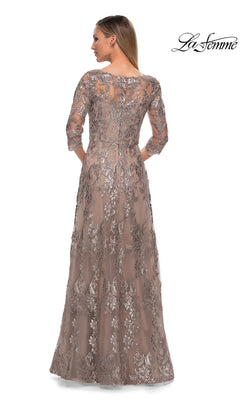 Back view of a Long Formal Dress: La Femme 27885, a floor-length taupe A-line gown with three-quarter length sleeves and an all-over floral sequin-lace overlay.