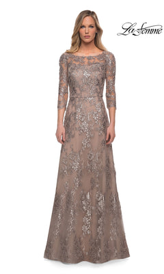 Cocoa-colored La Femme 27885 long formal dress featuring an A-line skirt, three-quarter sleeves, and an embroidered sequin-lace overlay.