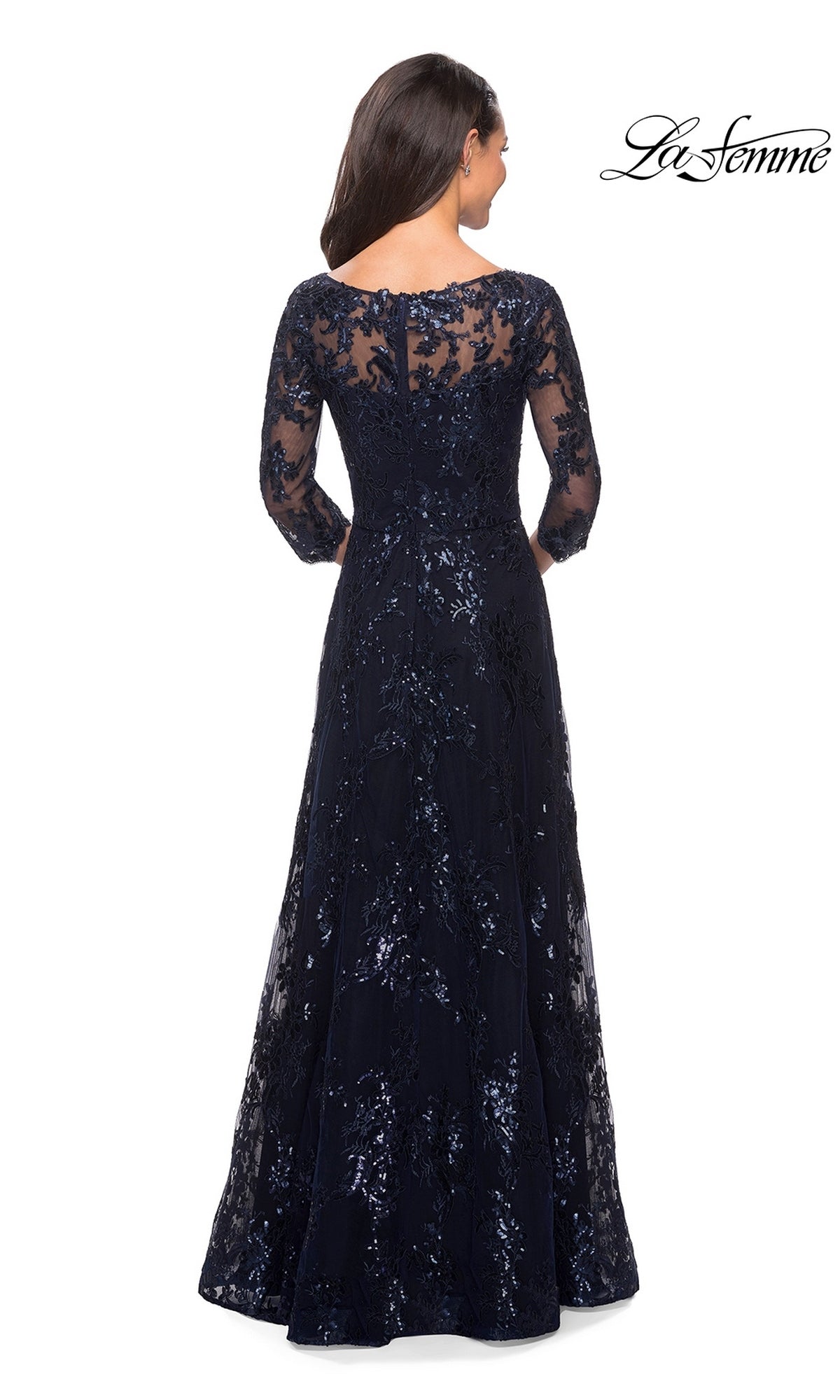 Back view of the Long Formal Dress: La Femme 27885, a navy blue sequin-lace gown featuring an A-line skirt and three-quarter sleeves with an intricate lace overlay.