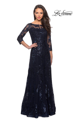 Long Formal Dress: La Femme 27885 is a floor-length, dark blue sequin-lace formal dress with three-quarter sleeves, featuring sheer lace detailing and all-over sequins.