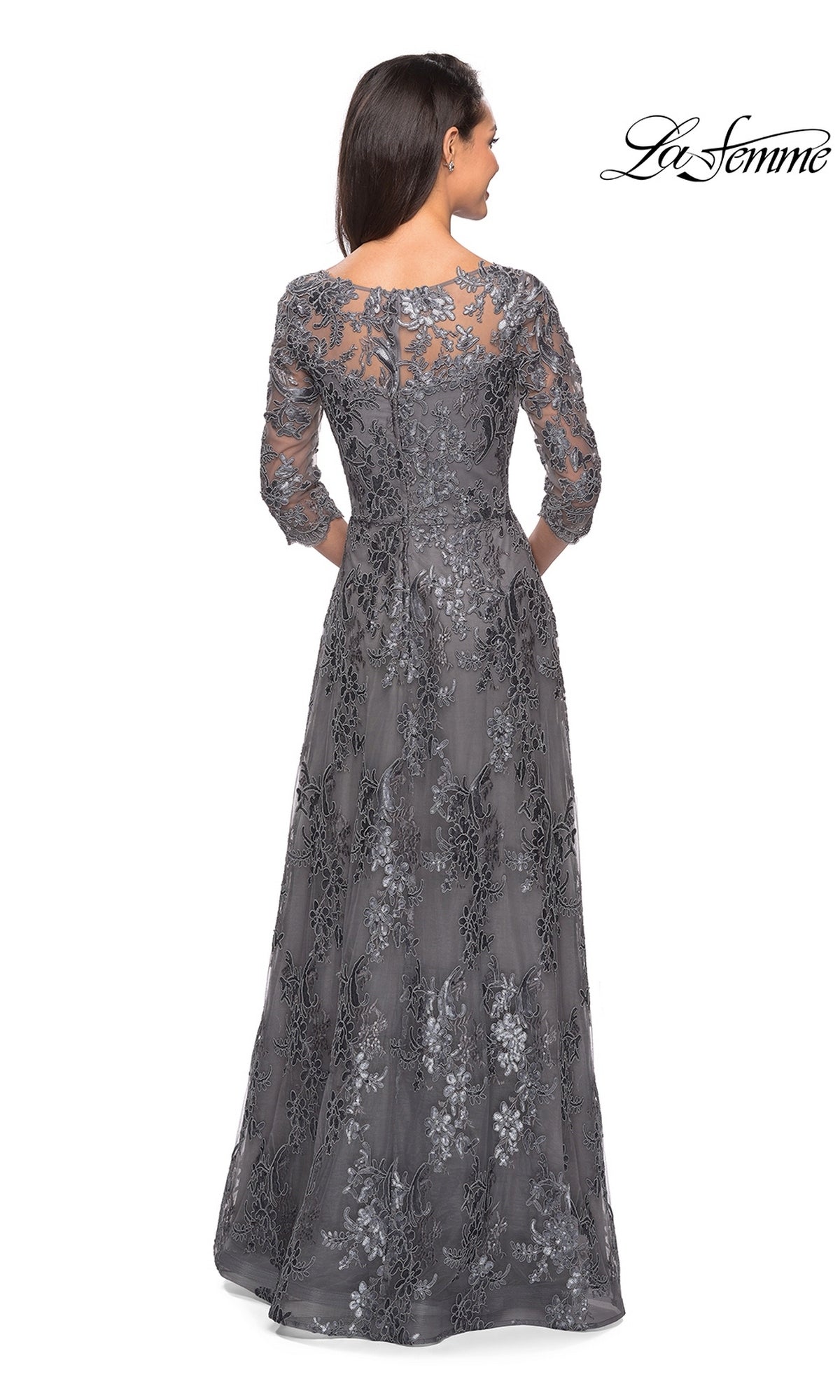 Back view of the Long Formal Dress: La Femme 27885, a floor-length grey modest dress with three-quarter sleeves, floral embroidery, and an A-line skirt.