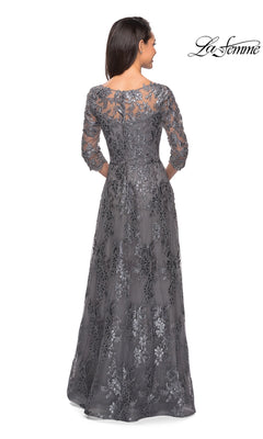 Back view of the Long Formal Dress: La Femme 27885, a floor-length grey modest dress with three-quarter sleeves, floral embroidery, and an A-line skirt.