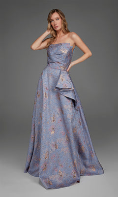 A woman wearing the Alyce 27893 long formal dress—a strapless, floor-length evening gown in lavender with metallic floral jacquard patterns—stands against a plain gray background.