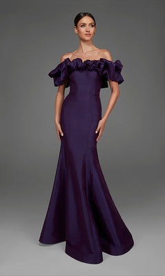 A woman wearing the Alyce 27895, a floor-length, off-the-shoulder, dark purple taffeta formal dress featuring a ruffled neckline and mermaid skirt, stands against a plain gray background.