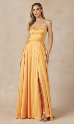 A woman stands against a beige background wearing the Strappy-Back Simple Long A-Line Prom Dress 278, a sleeveless yellow satin gown featuring a thigh-high slit.