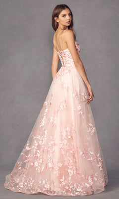 A woman models the Embroidered-Lace Long A-Line Prom Ball Gown 279, featuring light pink lace, a lace-up back, and thin straps, standing against a plain gray background.