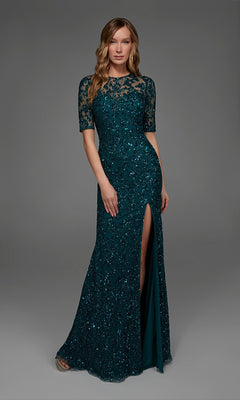 A woman poses against a plain gray background wearing the Alyce 27901 Long Formal Dress in Dragonfly—a teal, floor-length lace gown embellished with beading and sequins, featuring short sleeves, a high slit, and a fitted column silhouette.
