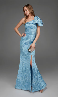 Woman in the Alyce 27906 long formal dress in glacier blue, featuring a one-shoulder neckline and a thigh-high slit, holding a small metallic clutch, standing against a plain gray background.