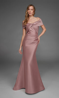 A woman in a floor-length, off-the-shoulder Long Formal Dress: Alyce 27908 in rosewood stretch mikado stands against a neutral gray background.