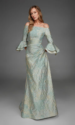 Model showcasing the Alyce 27914 Long Formal Dress—a textured, off-the-shoulder evening gown in a soft blue-green shade with flared sleeves—stands against a plain gray background. The elegant, flowing A-line silhouette of this long formal dress adds sophistication to her look.