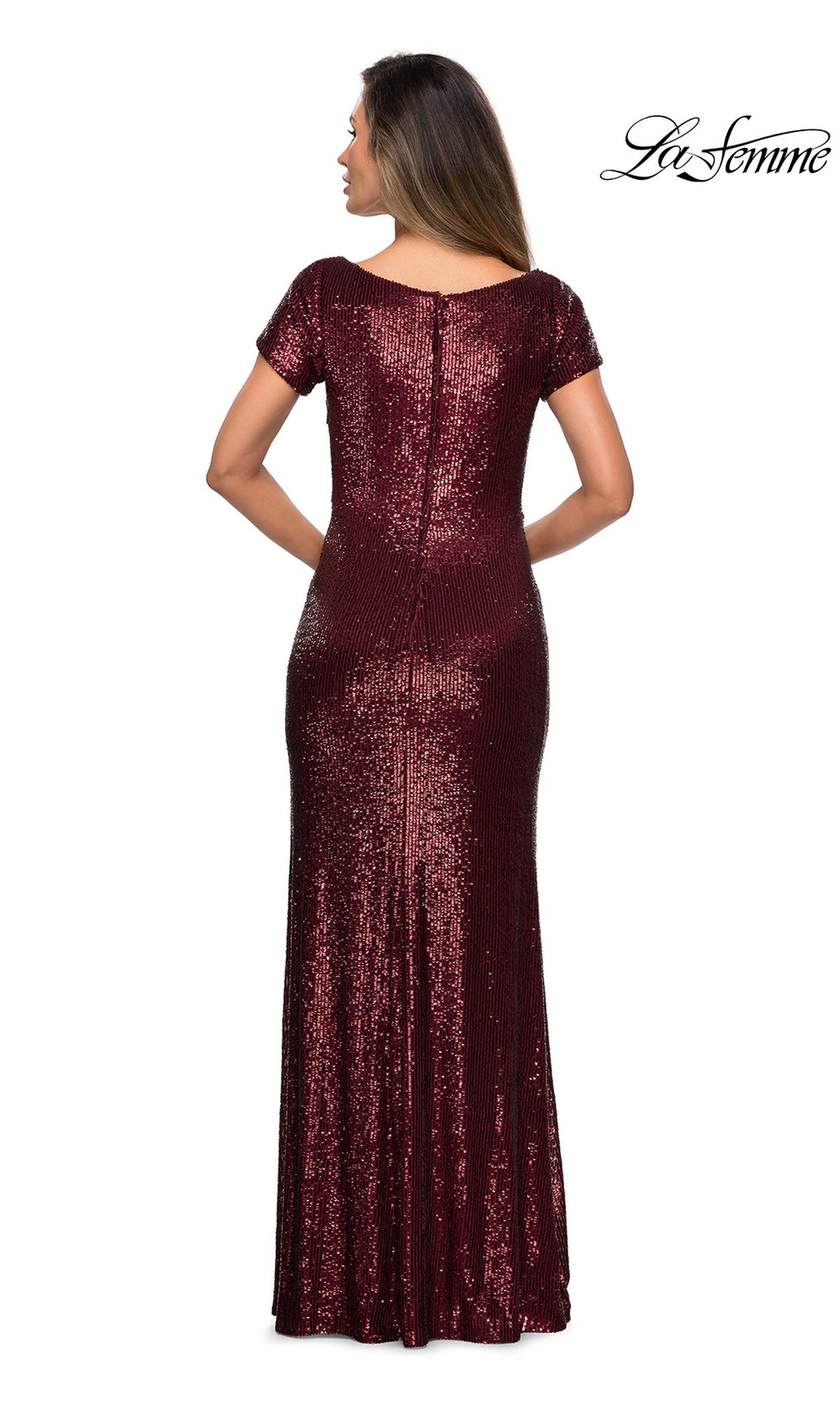Back view of a woman wearing a La Femme 27916 floor-length, short-sleeved, dark red sequin formal dress.