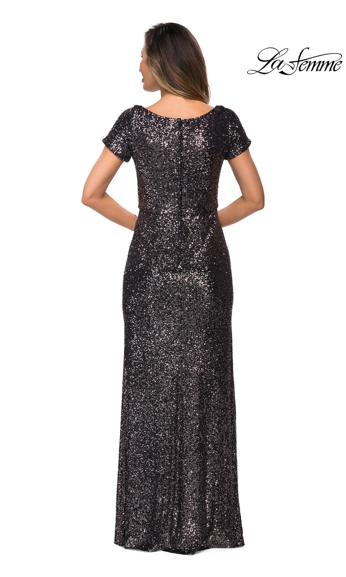 Back view of a woman wearing a La Femme 27916 floor-length sequin formal dress with short sleeves.