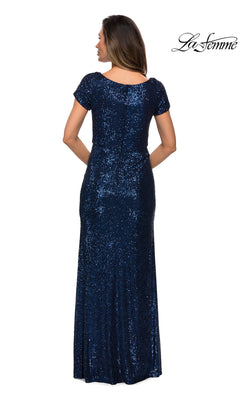 Back view of a woman wearing the navy blue, floor-length, short-sleeved sequin Long Formal Dress: La Femme 27916.