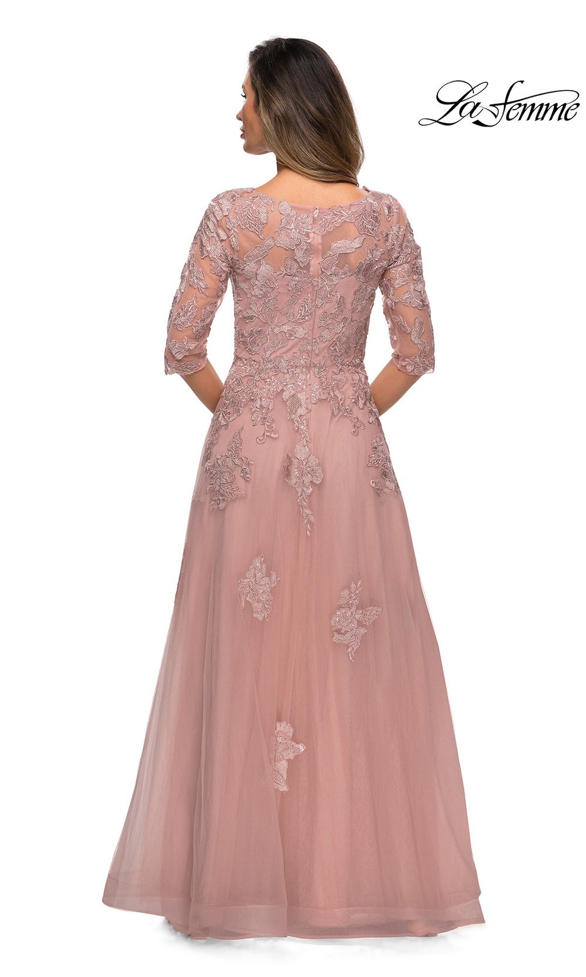 Back view of the Long Formal Dress: La Femme 27922, a dusty rose floor-length modest formal dress with three-quarter sleeves and floral lace embroidery.