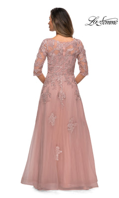 Back view of the Long Formal Dress: La Femme 27922, a dusty rose floor-length modest formal dress with three-quarter sleeves and floral lace embroidery.