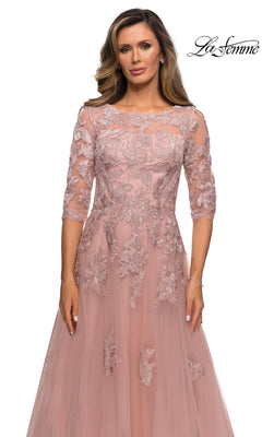 La Femme 27922 dusty rose modest long formal dress with three-quarter sleeves, featuring a sheer mesh overlay and floral lace appliqué.