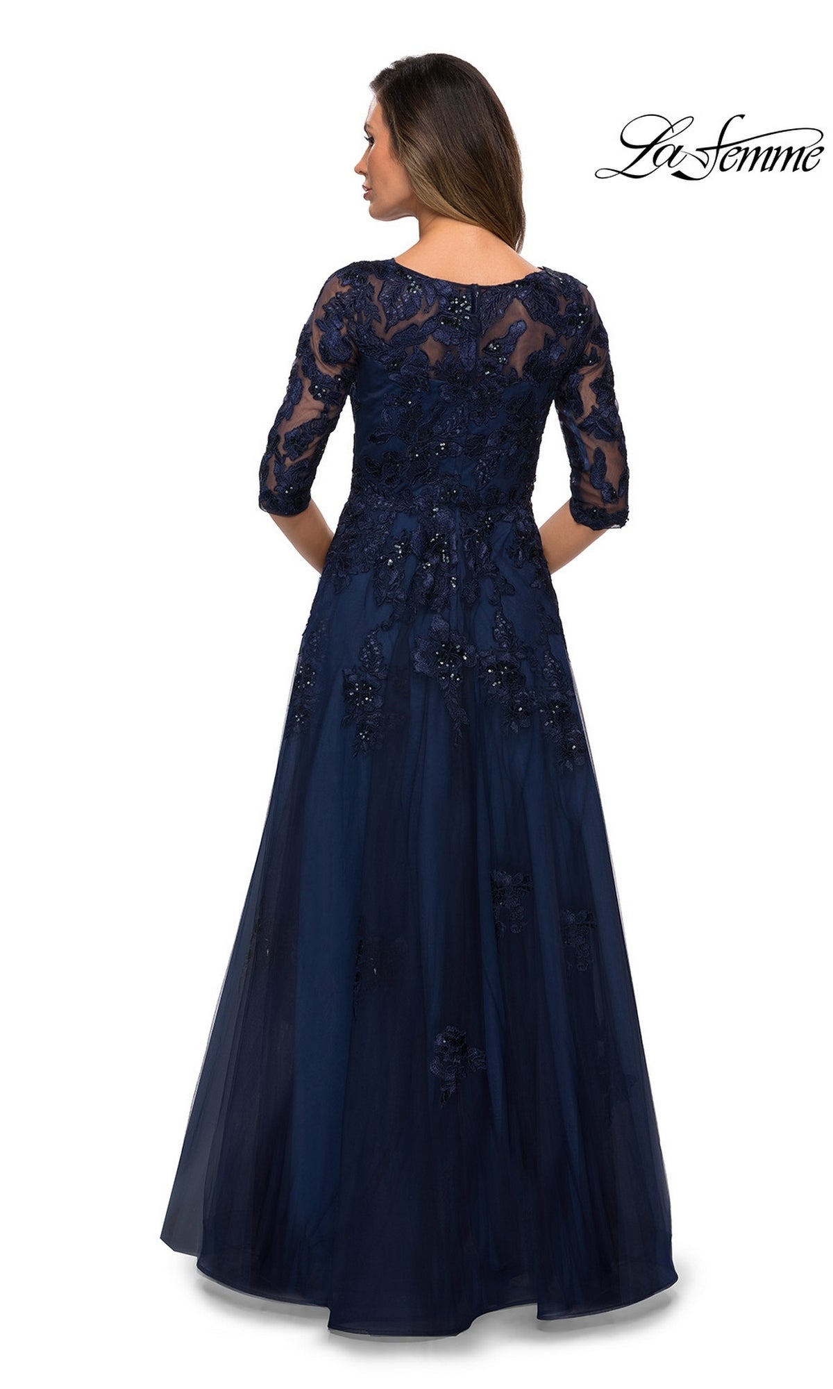 Back view of the Long Formal Dress: La Femme 27922, a floor-length navy blue mother-of-the-bride gown with three-quarter sleeves, lace embroidery, and beadwork on the bodice.