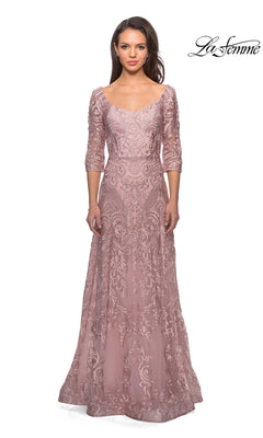 Long Formal Dress: La Femme 27949 in mauve, featuring a floor-length silhouette, sweetheart neckline, three-quarter sleeves, and intricate floral embroidered lace.