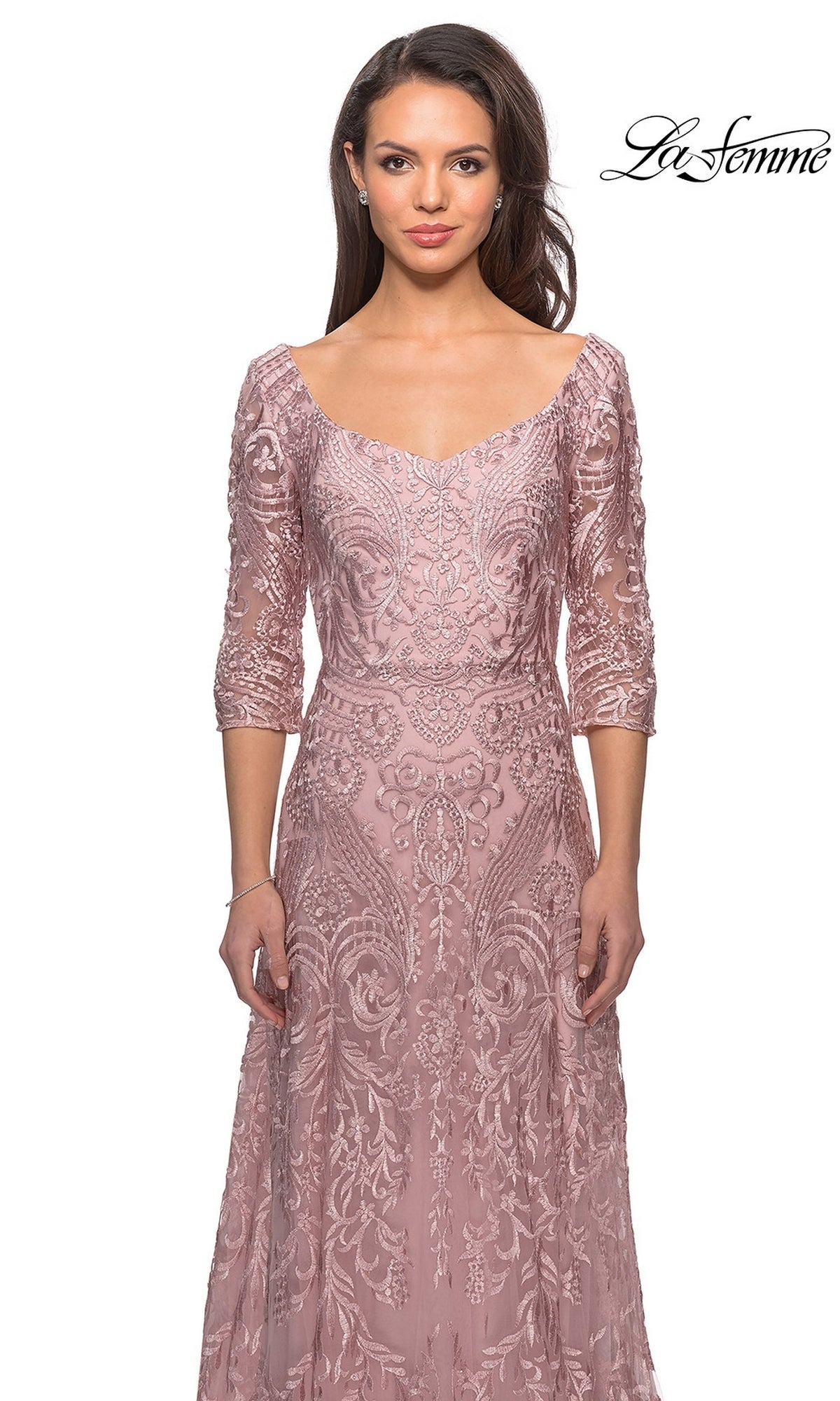 La Femme 27949 mauve formal dress featuring a scoop neckline, three-quarter length sleeves, and intricate tonal embroidery, ideal for evening weddings.