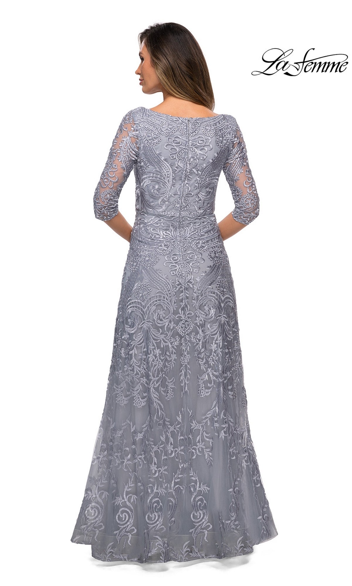 Back view of the grey, floor-length La Femme 27949 embroidered lace dress with three-quarter sleeves and intricate floral detailing.
