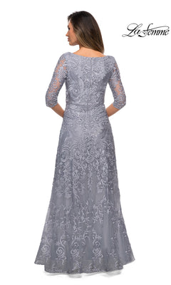 Back view of the grey, floor-length La Femme 27949 embroidered lace dress with three-quarter sleeves and intricate floral detailing.
