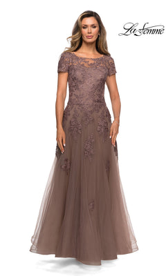 Cocoa-colored Long Formal Dress: La Femme 27958 featuring a sheer illusion neckline, short sleeves, and an A-line tulle skirt with beaded floral appliqués.
