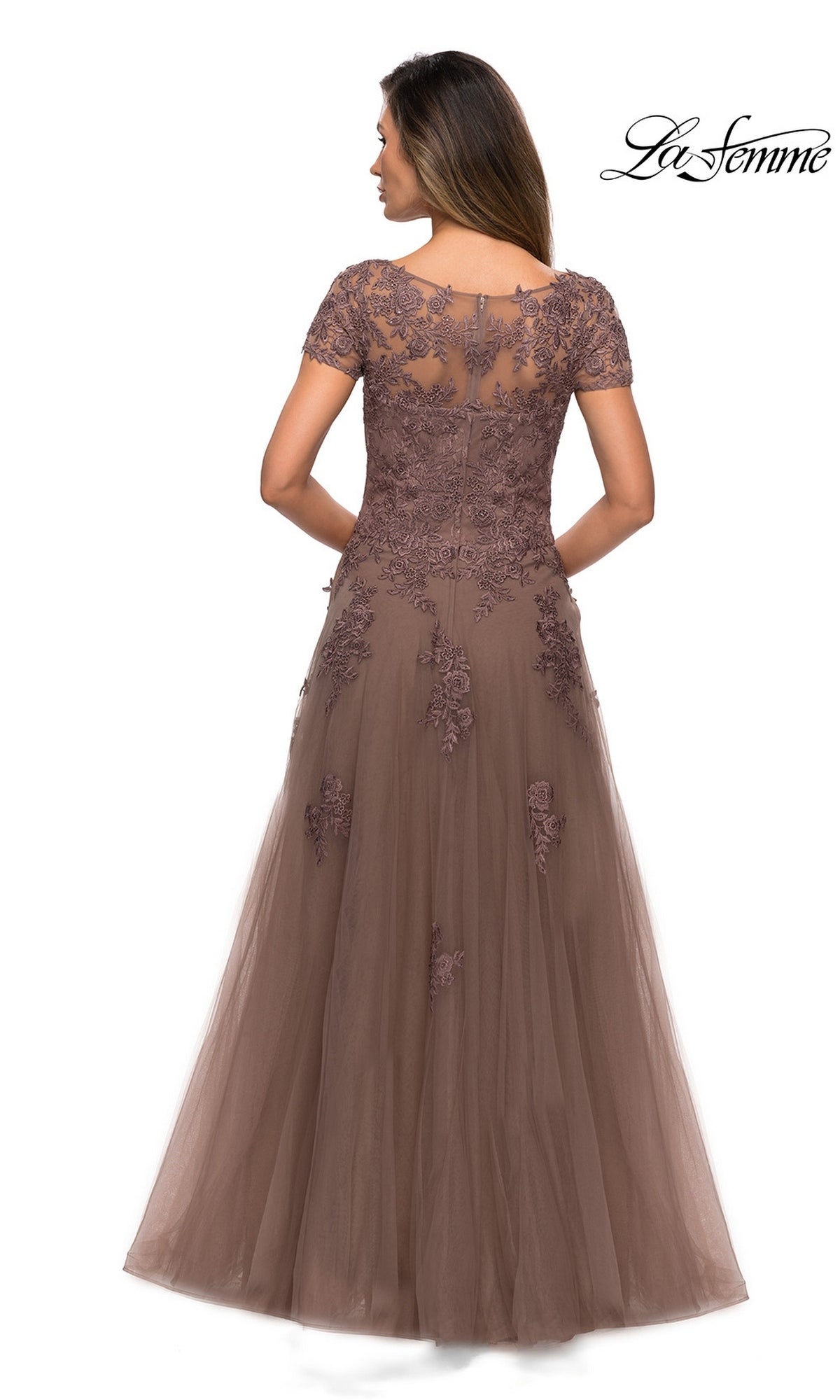 Back view of the Long Formal Dress: La Femme 27958, a cocoa dress featuring short sleeves, a sheer bodice, and beaded floral appliqués accenting the floor-length A-line tulle skirt.