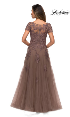 Back view of the Long Formal Dress: La Femme 27958, a cocoa dress featuring short sleeves, a sheer bodice, and beaded floral appliqués accenting the floor-length A-line tulle skirt.