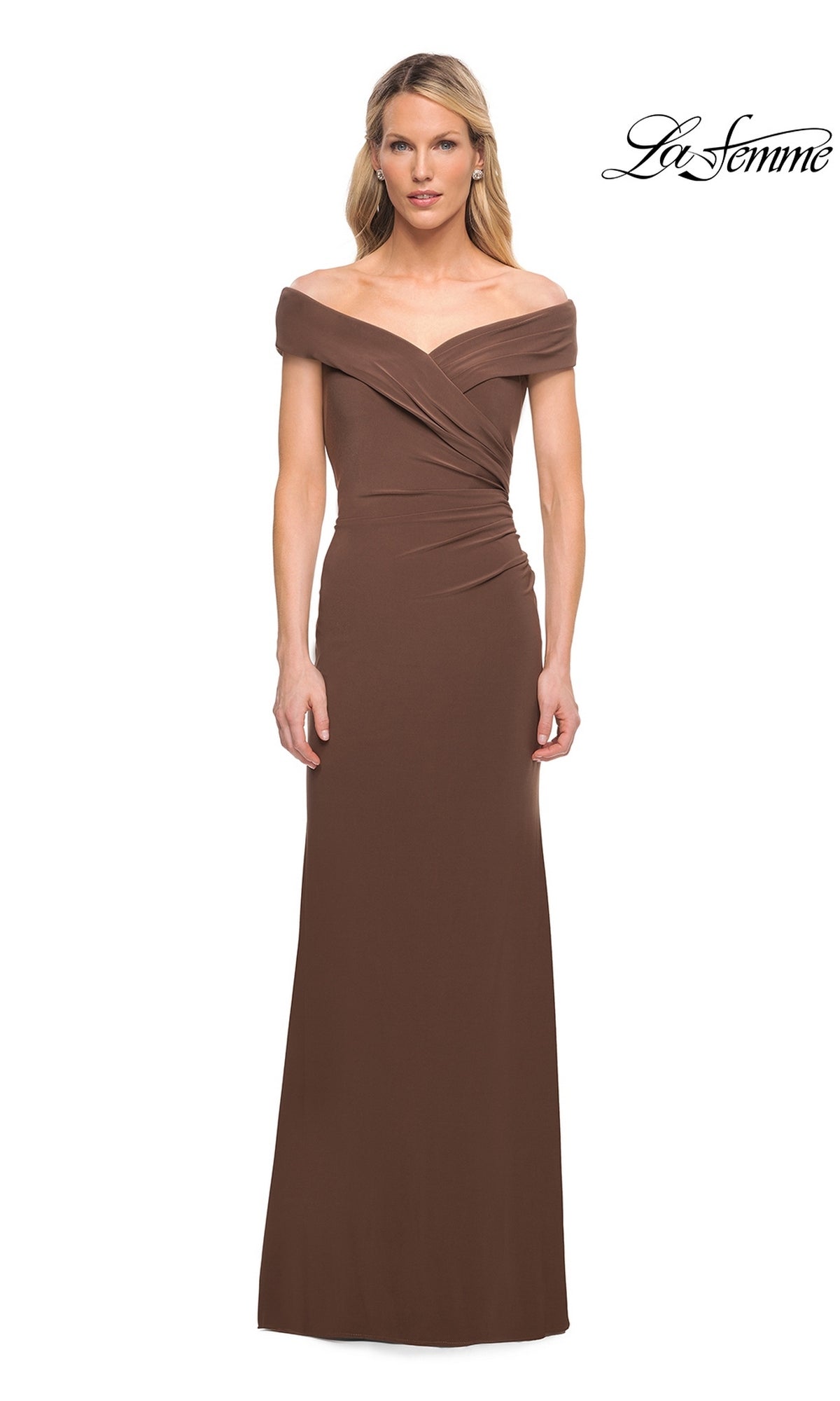 A woman in an off-shoulder, floor-length cocoa Long Formal Dress: La Femme 27959 with gathered bodice stands against a white background; “La Femme” logo at top right.
