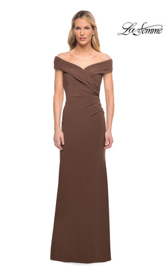A woman in an off-shoulder, floor-length cocoa Long Formal Dress: La Femme 27959 with gathered bodice stands against a white background; “La Femme” logo at top right.