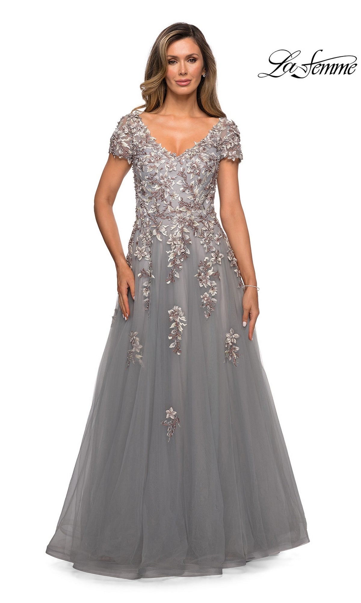 A silver gray La Femme 27968 floor-length V-neck gown with short sleeves and floral embroidery.