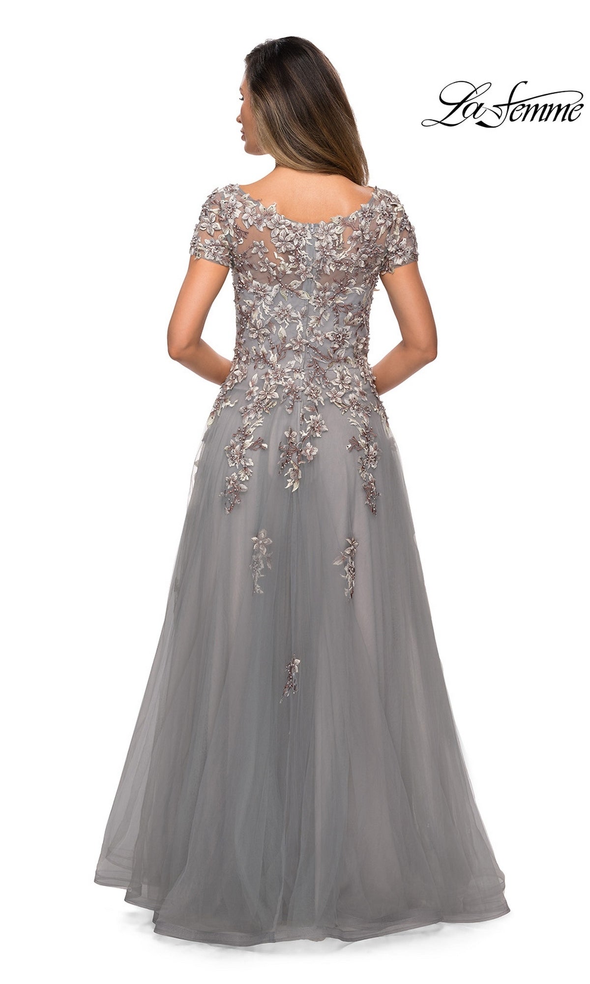 Back view of a silver gray Long Formal Dress: La Femme 27968, featuring short sleeves and floral embroidery on the bodice.