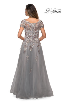 Back view of a silver gray Long Formal Dress: La Femme 27968, featuring short sleeves and floral embroidery on the bodice.