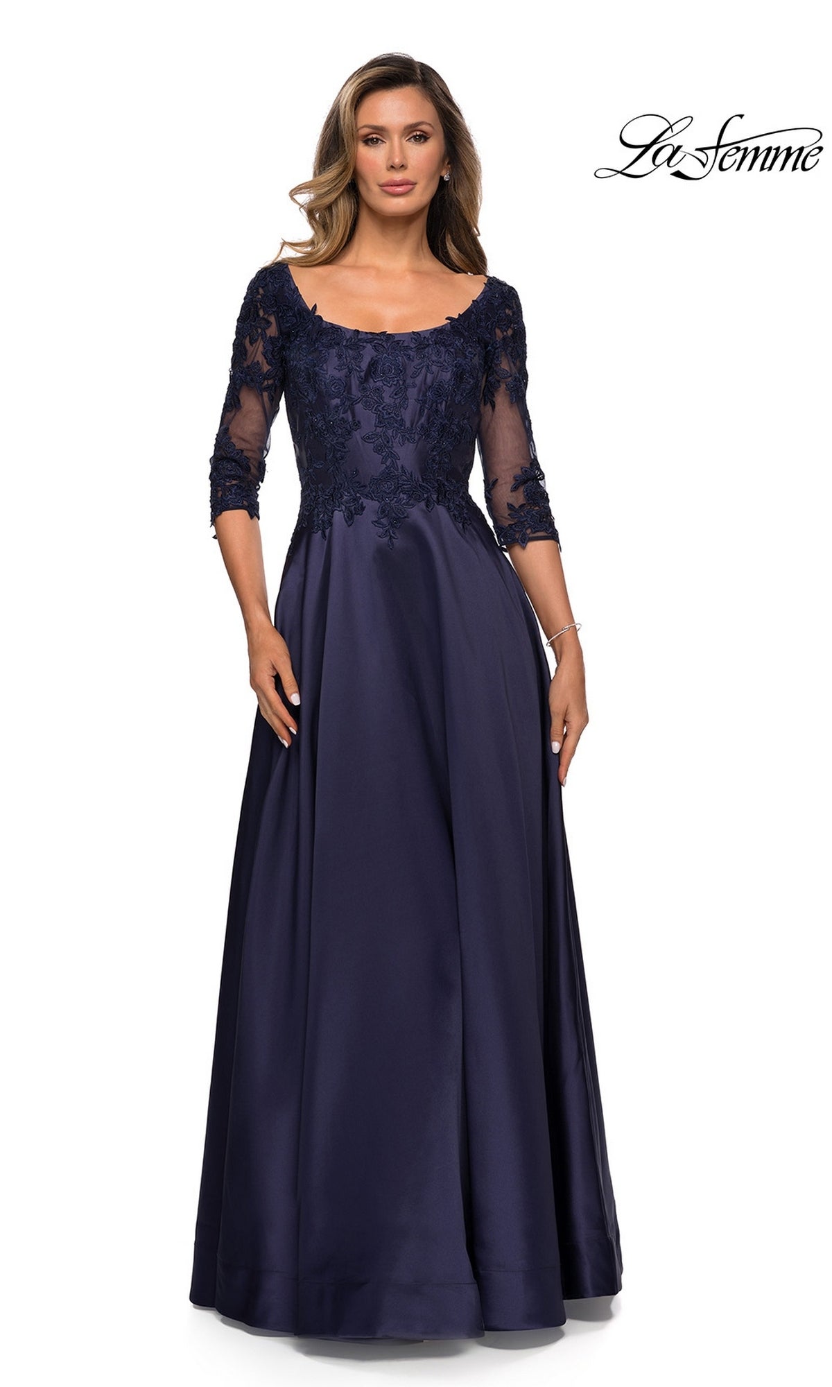 Navy blue La Femme 27988 A-line evening gown with a scoop neckline and three-quarter length lace sleeves.