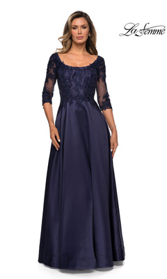 Navy blue La Femme 27988 A-line evening gown with a scoop neckline and three-quarter length lace sleeves.