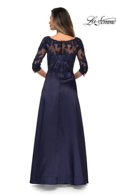 Back view of the Long Formal Dress: La Femme 27988, a navy long formal A-line evening gown with three-quarter sleeves and a sheer, lace-embroidered bodice.