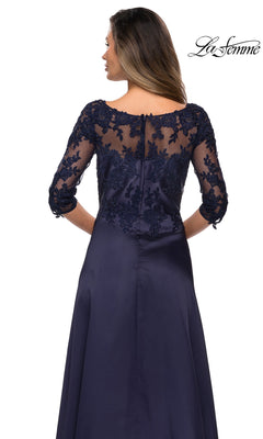 Back view of the Long Formal Dress: La Femme 27988, featuring a navy A-line silhouette with a sheer, floral-embroidered bodice.