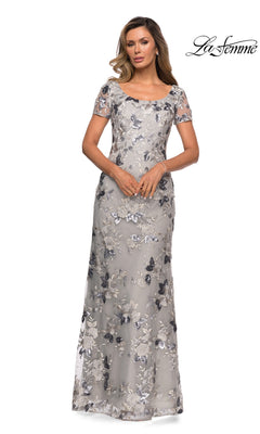 Floor-length silver Long Formal Dress: La Femme 27991 with short sleeves and floral embroidery.