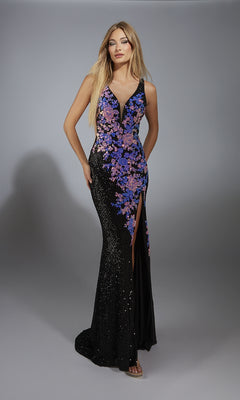 A woman models the Aerie Couture 279 Long Formal Dress—a black gown with a deep V-neck, lace-up back, purple and pink floral embellishments, and a thigh-high slit—standing against a neutral background.