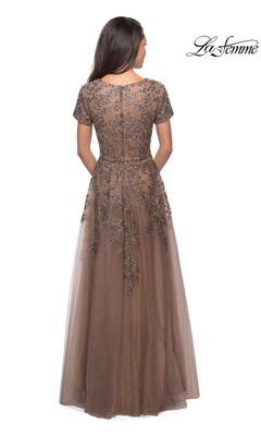 Back view of the Long Formal Dress: La Femme 28037, a brown, floor-length A-line tulle gown with short sleeves and floral beadwork embroidery on the bodice.