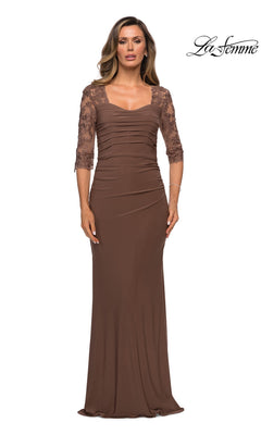 Long Formal Dress: La Femme 28056 in cocoa, featuring a ruched design, square neckline, three-quarter length lace sleeves, and a formal floor-length silhouette.