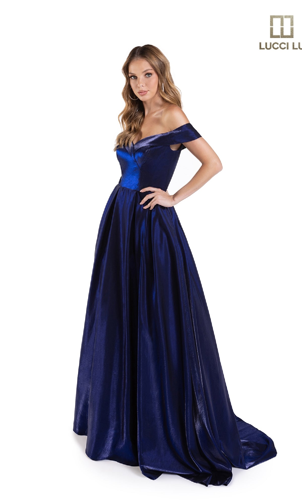 Off-the-Shoulder Satin Long Prom Dress with Pockets– PromGirl