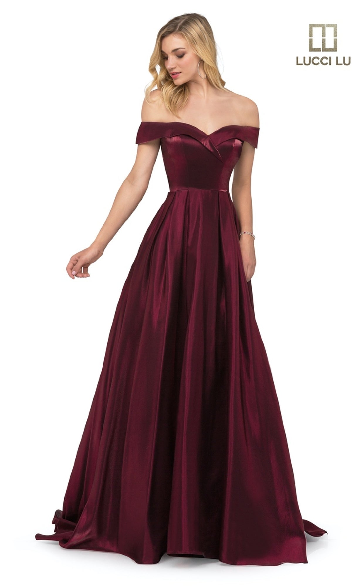 A woman models the Lucci Lu 28063 Off-the-Shoulder Satin Prom Dress, floor-length in burgundy with a fitted bodice and full skirt. The 