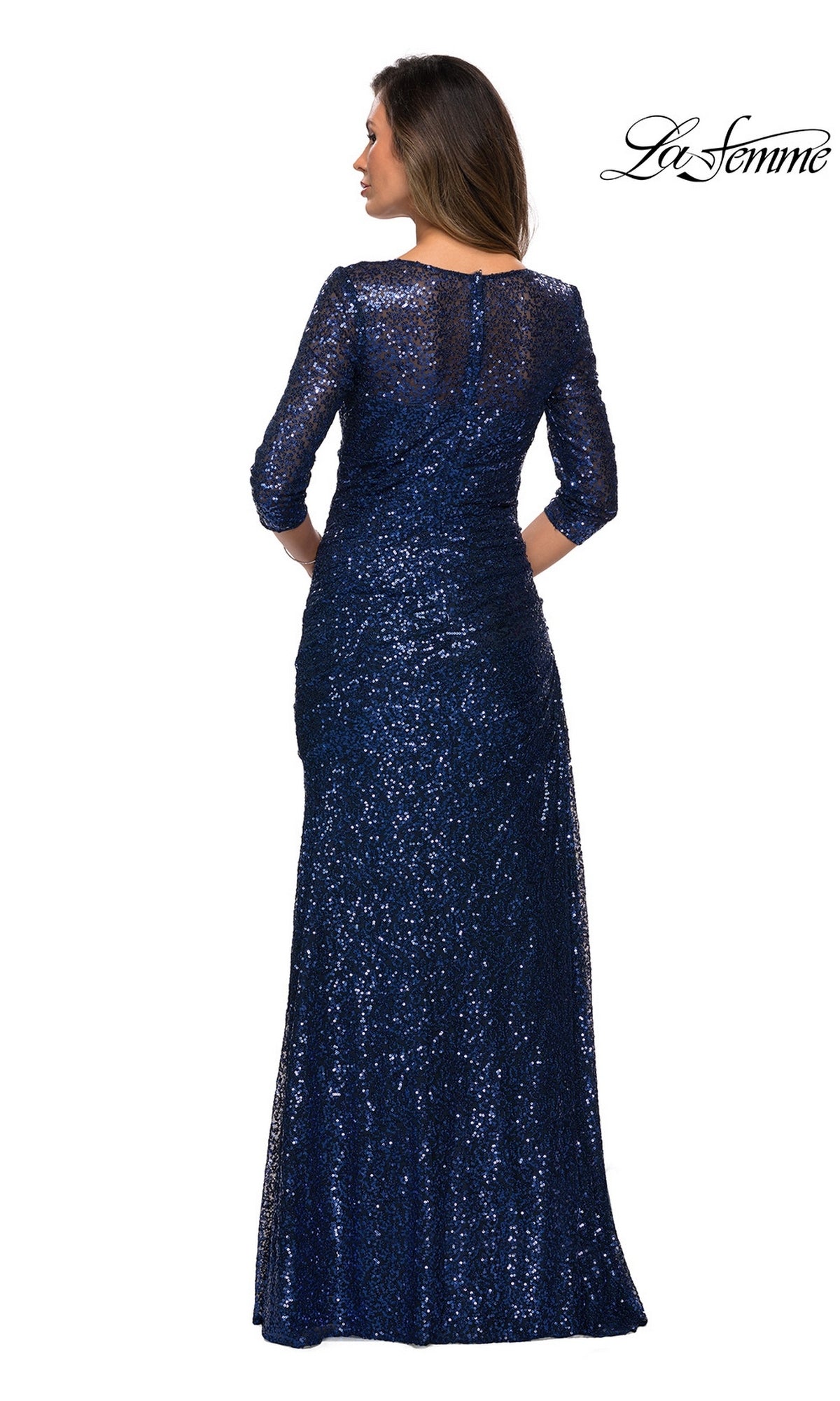 Woman wearing Long Formal Dress: La Femme 28065, a navy blue, sequin, floor-length gown with long sleeves, seen from the back on a white background.