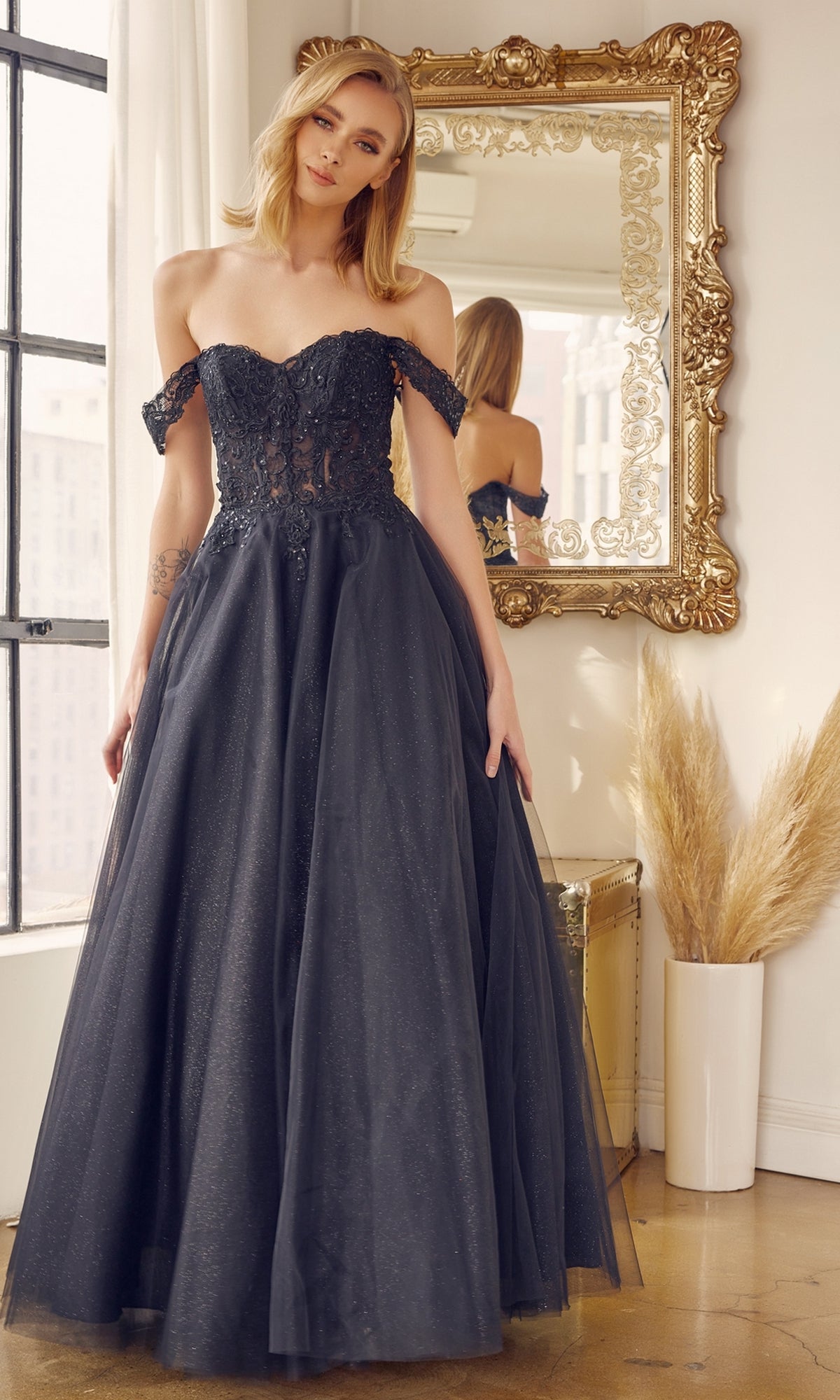 Lace-Up Off-Shoulder Long A-Line Prom Dress 280 Black / XSmall Lace-Up Off-Shoulder Long A-Line Prom Dress 280 Black / XSmall
