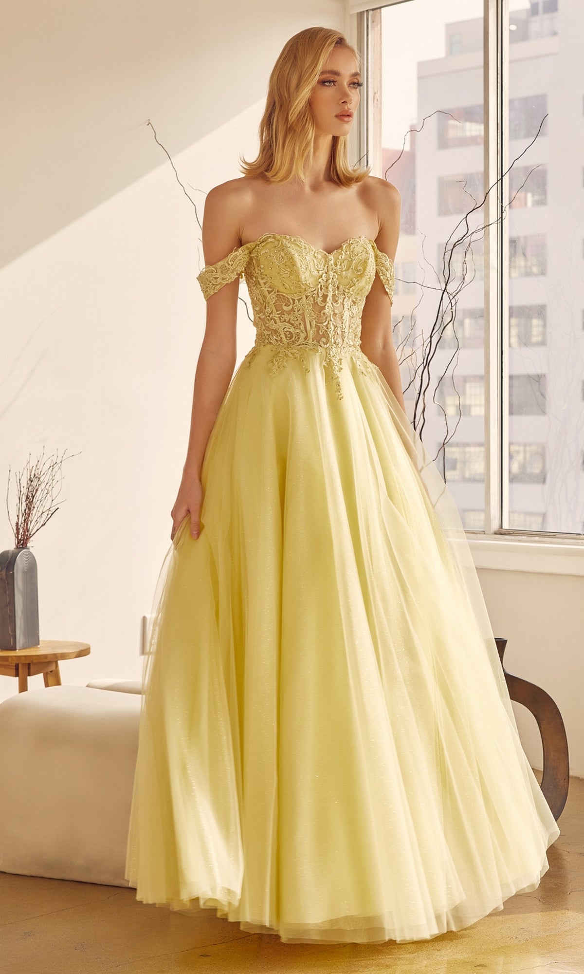 Lace-Up Off-Shoulder Long A-Line Prom Dress 280 Yellow / XSmall