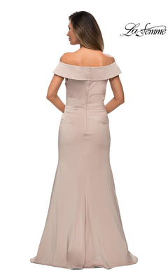 Woman wearing the Long Formal Dress: La Femme 28110, satin off-the-shoulder trumpet silhouette, shown from behind against a white background.