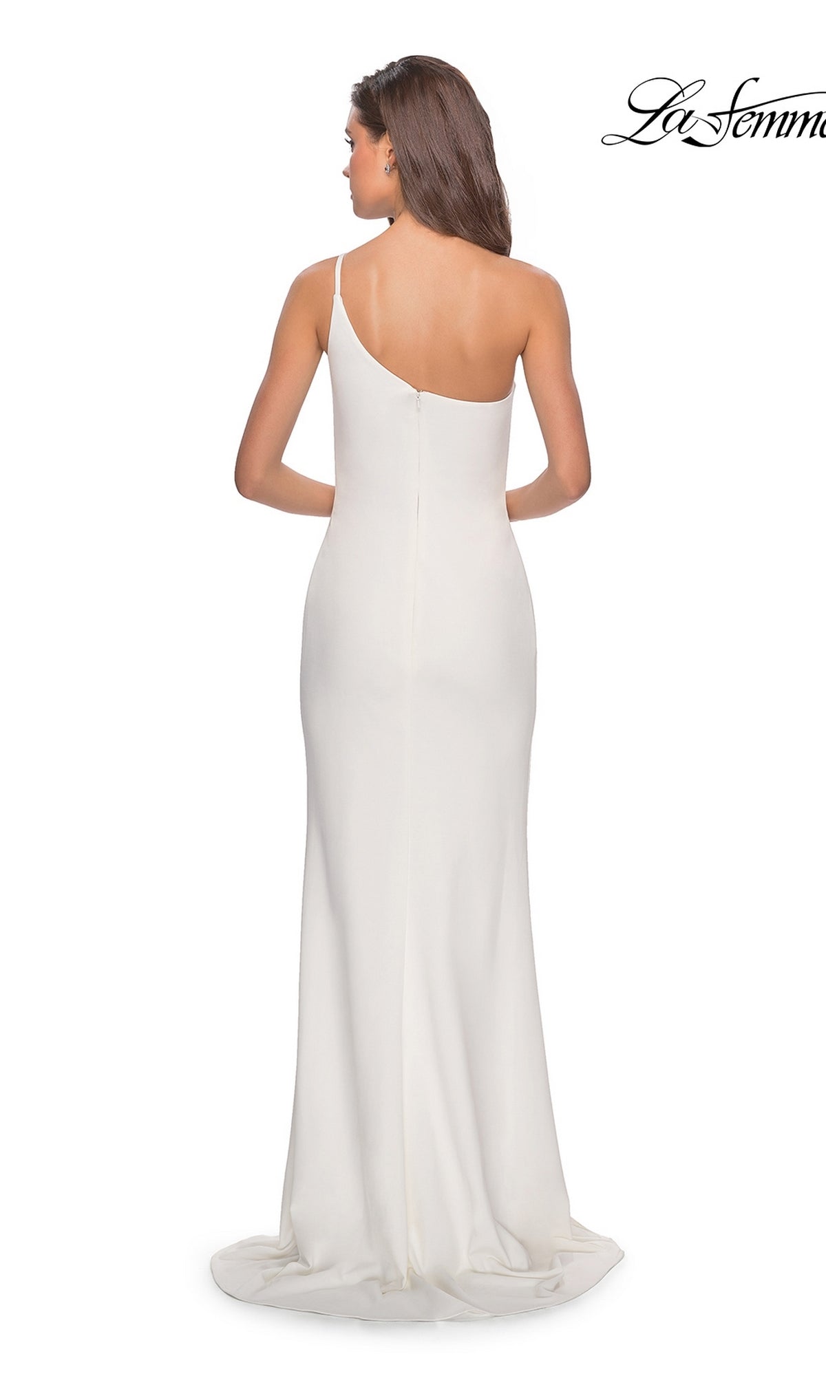 A woman is photographed from the back in the La Femme One-Shoulder Long Formal Dress 28176, a white, floor-length gown with a fitted silhouette, set against a plain background.